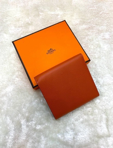 Кожаный кошелек Hermes оранжевый премиум-люкс 12/11 см фото-3
