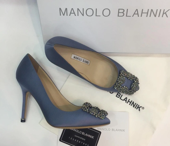 Атласные женские туфли Manolo Blahnik Hangisi синие премиум-люкс коллекция 2021 фото-2