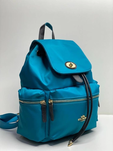 Женский рюкзак Coach тканевый ярко-синий с откидным клапаном 25/30/13 см фото-3