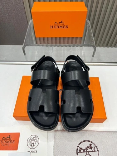Сандалии мужские кожаные Hermes Chypre II A108852 черные фото-9
