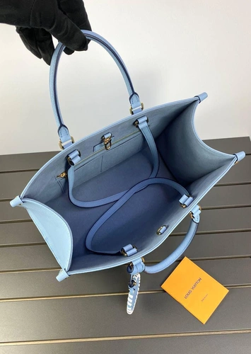 Женская кожаная сумка Louis Vuitton Onthego MM голубая с рисунком премиум-люкс качества 35/27/14 см фото-2
