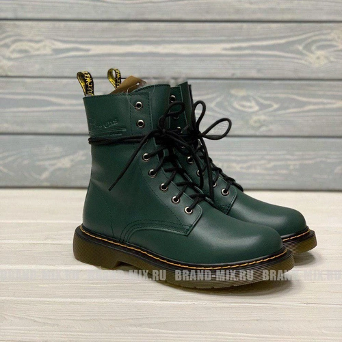 Зимние Мартинсы ботинки Dr Martens 1460 Glany Smooth с мехом зелёные фото-4