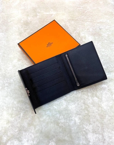 Кожаный кошелек Hermes черный премиум-люкс 12/11 см фото-4
