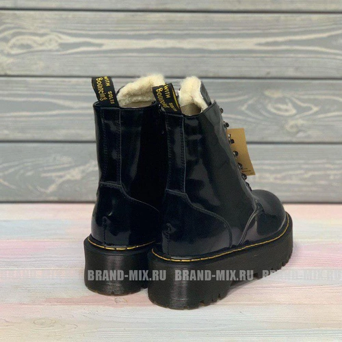 Зимние Мартинсы ботинки Dr Martens 1460 Lacquered на платформе с мехом чёрные фото-5