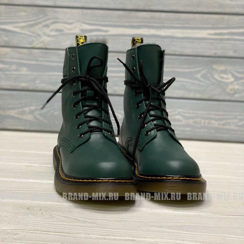 Зимние Мартинсы ботинки Dr Martens 1460 Glany Smooth с мехом зелёные фото-5