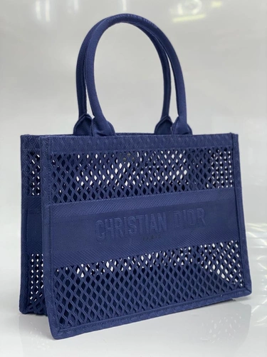 Женская сумка Dior тканевая ажурная синяя 42/32/15 см фото-3