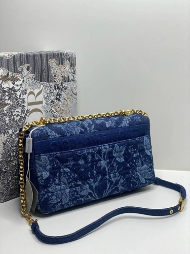 Женская тканевая сумка Dior синяя с цветочным рисунком 28/15/9 см фото-4