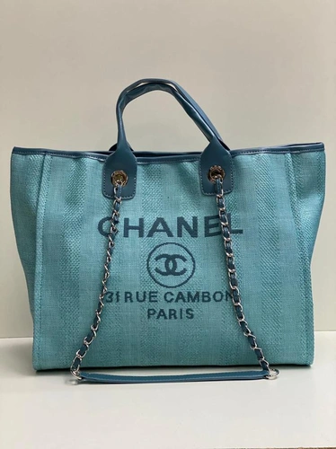 Женская тканевая сумка Shopping Chanel бирюзовая с кожаными ручками 38/32/16 см
