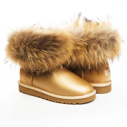 Угги женские ботинки UGG Mini Fox Fur Metallic Soft Gold фото-4