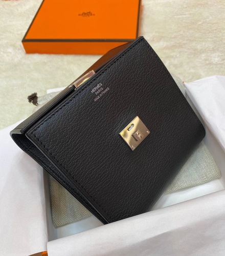 Кожаный кошелек Hermes черный премиум-люкс 12/11 см фото-5