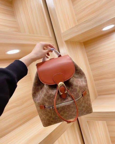 Женский рюкзак Coach из канвы с кожаными вставками коричневый 28/24 см фото-4