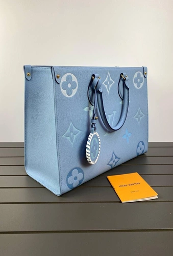 Женская кожаная сумка Louis Vuitton Onthego MM голубая с рисунком премиум-люкс качества 35/27/14 см фото-4