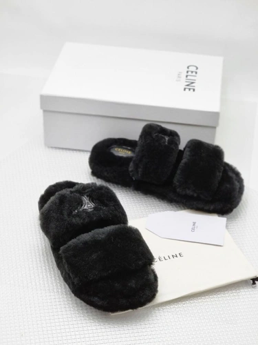Тапочки женские Celine Fur чёрные фото-2