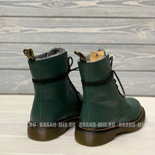 Зимние Мартинсы ботинки Dr Martens 1460 Glany Smooth с мехом зелёные фото-3