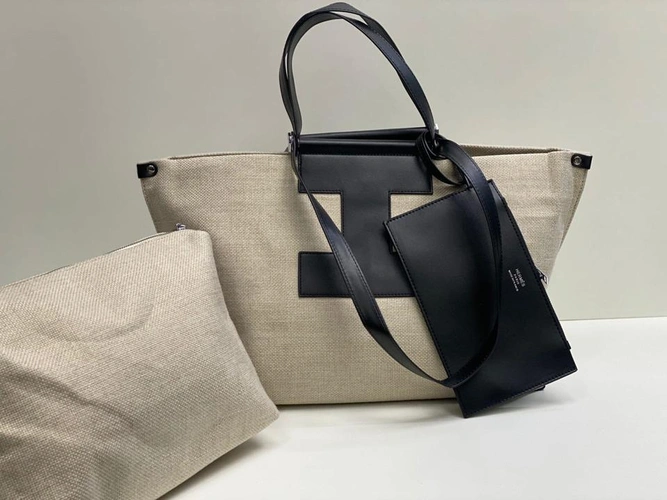 Женская тканевая сумка Hermes белая с чёрными кожаными вставками 38/28/13 см фото-5