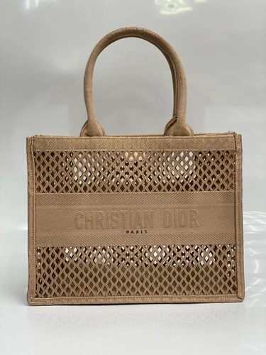 Женская сумка Dior тканевая ажурная бежевая 42/32/15 см
