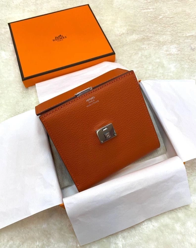 Кожаный кошелек Hermes оранжевый премиум-люкс 12/11 см фото-6