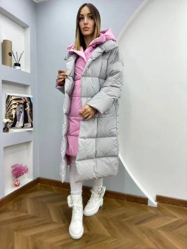 Женское премиум-люкс пальто розовое/серебристое A6572