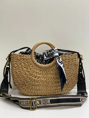 Женская сумка-корзина Dior из ротанга бежевая 38/24/7 см фото-4