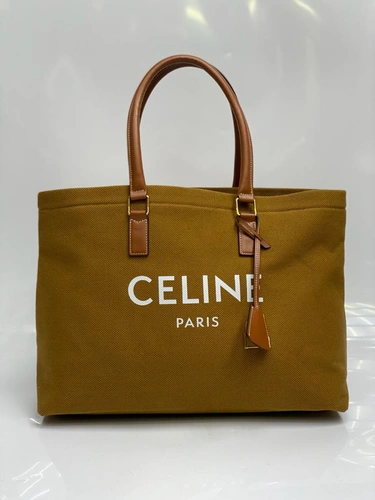 Женская сумка-шоппер Celine тканевая горчичная 41/30/14 см фото-4