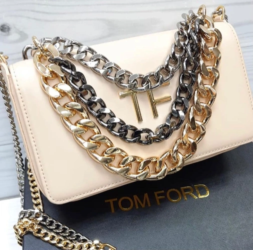 Женская кожаная сумка кросс-боди Tom Ford кремовая с цепочками 24/15 см фото-2