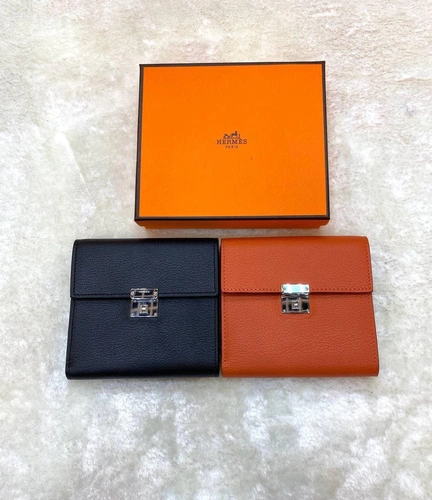Кожаный кошелек Hermes оранжевый премиум-люкс 12/11 см фото-7