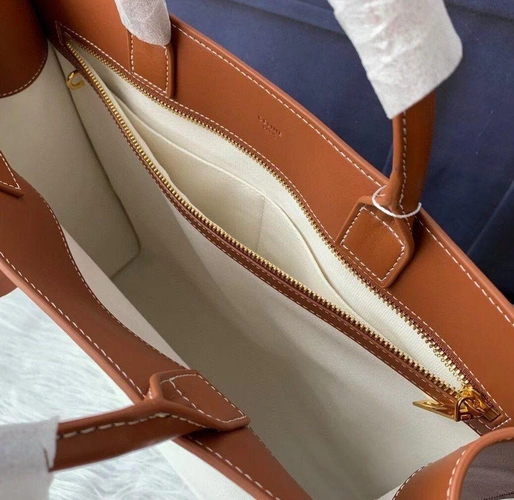 Женская сумка-тоут Celine из мешковины с кожаной отделкой бело-коричневая 33/28 см фото-3