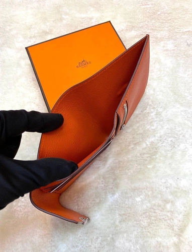 Кожаный кошелек Hermes оранжевый премиум-люкс 12/11 см фото-2
