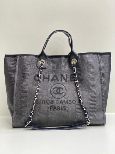 Женская тканевая сумка Shopping Chanel серая с кожаными ручками 38/32/16 см
