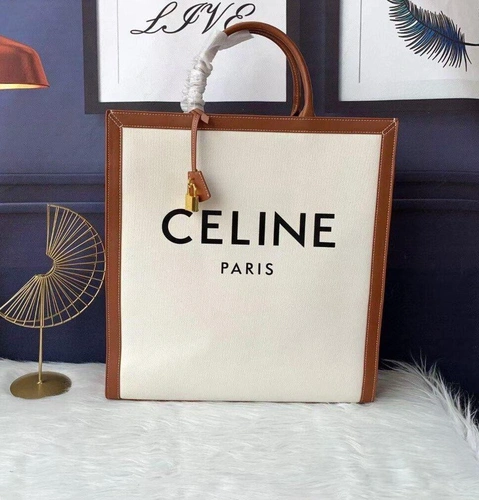Женская сумка-тоут Celine из мешковины с кожаной отделкой бело-коричневая 33/28 см
