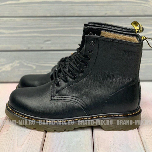 Зимние Мартинсы ботинки Dr Martens 1460 Glany с мехом черные фото-2
