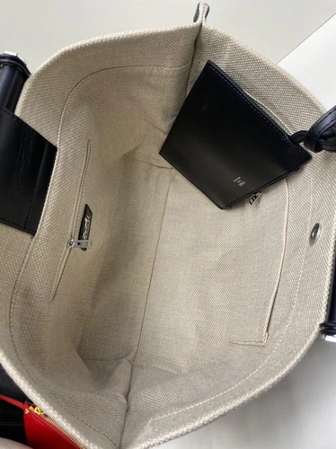 Женская тканевая сумка Hermes белая с чёрными кожаными вставками 38/28/13 см фото-2