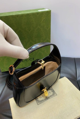 Женская кожаная миниатюрная сумочка-хобо Jackie Gucci черная качество премиум-люкс 19/13/3 см фото-5