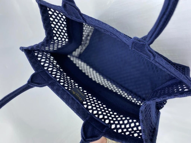 Женская сумка Dior тканевая ажурная синяя 42/32/15 см фото-5
