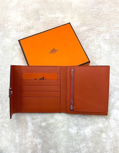 Кожаный кошелек Hermes оранжевый премиум-люкс 12/11 см фото-5