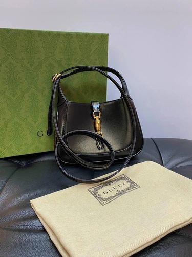 Женская кожаная миниатюрная сумочка-хобо Jackie Gucci черная качество премиум-люкс 19/13/3 см фото-3