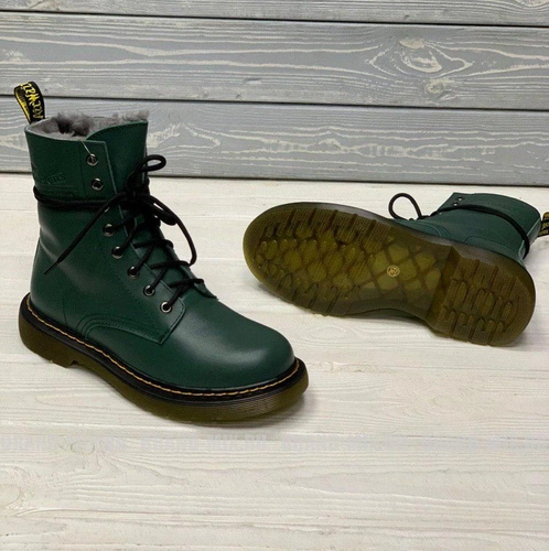 Зимние Мартинсы ботинки Dr Martens 1460 Glany Smooth с мехом зелёные фото-2
