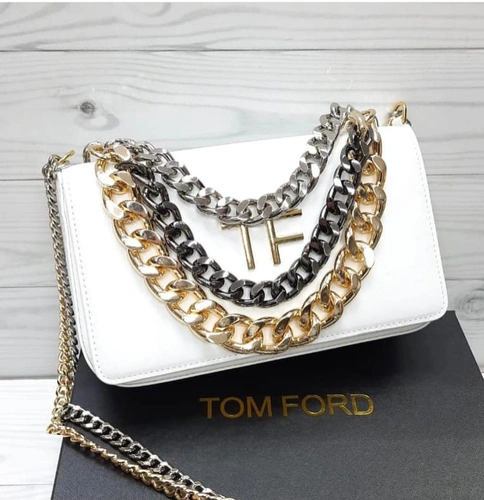 Женская кожаная сумка кросс-боди Tom Ford белая с цепочками 24/15 см
