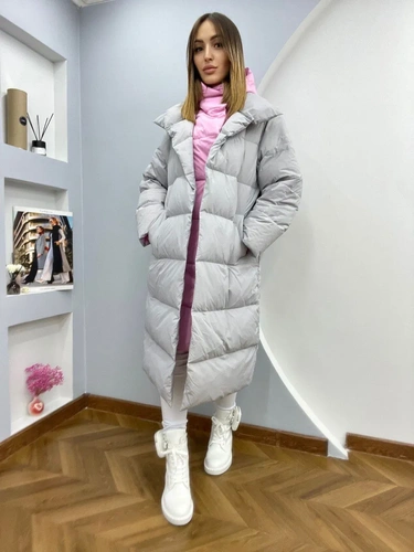 Женское премиум-люкс пальто розовое/серебристое A6572 фото-3