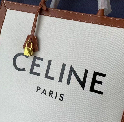 Женская сумка-тоут Celine из мешковины с кожаной отделкой бело-коричневая 33/28 см фото-4