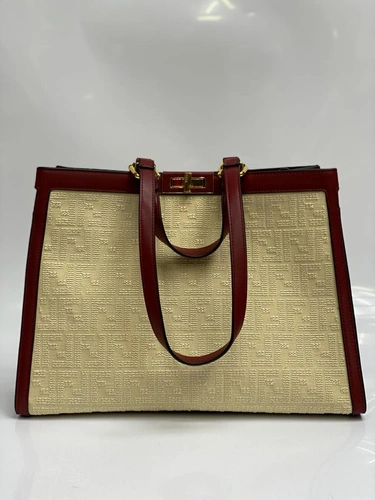 Женская тканевая сумка Fendi кремовая с рисунком-монограммой 41/30/16 см фото-5