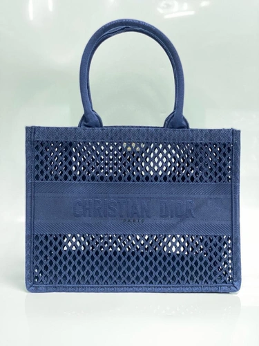 Женская сумка Dior тканевая ажурная синяя 42/32/15 см