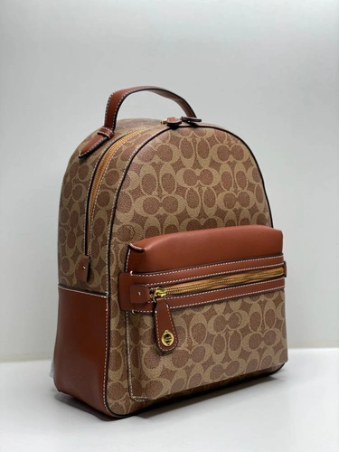 Женский рюкзак Coach коричневый из канвы с кожаными вставками 26/31/11 см фото-4