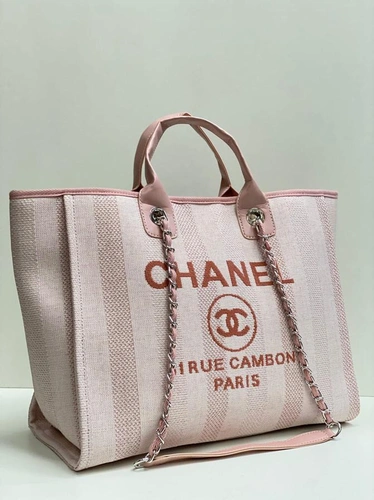 Женская тканевая сумка Shopping Chanel розовая с кожаными ручками 38/32/16 см фото-4