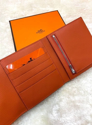Кожаный кошелек Hermes оранжевый премиум-люкс 12/11 см фото-4
