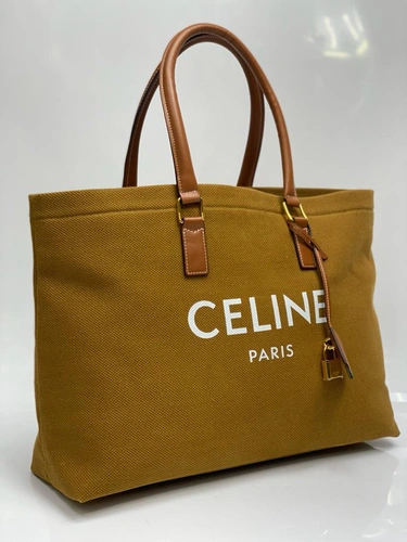 Женская сумка-шоппер Celine тканевая горчичная 41/30/14 см