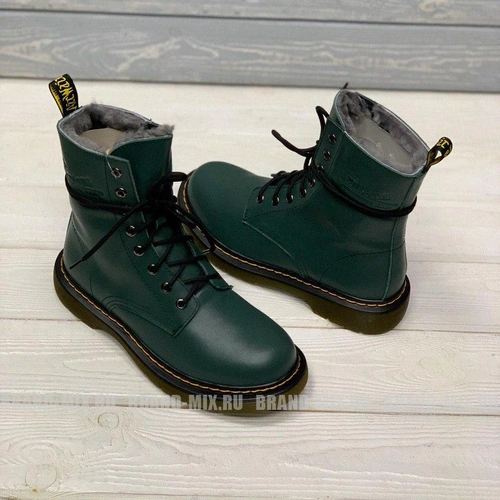 Зимние Мартинсы ботинки Dr Martens 1460 Glany Smooth с мехом зелёные фото-6