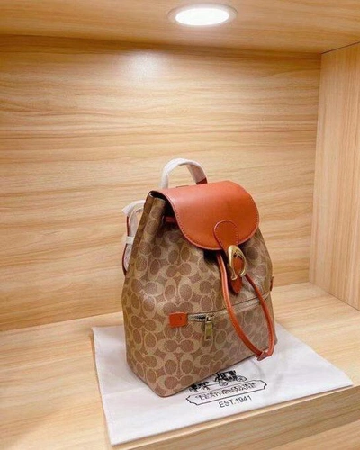 Женский рюкзак Coach из канвы с кожаными вставками коричневый 28/24 см фото-3