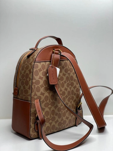 Женский рюкзак Coach коричневый из канвы с кожаными вставками 26/31/11 см фото-5