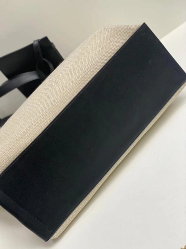 Женская тканевая сумка Hermes белая с чёрными кожаными вставками 38/28/13 см фото-4